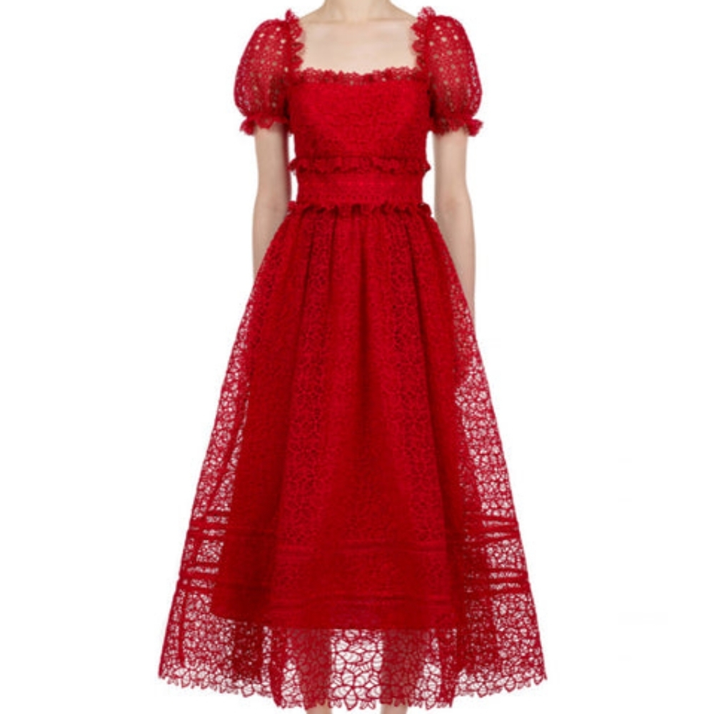 Red Lace Midi Dress with Puff Sleeves